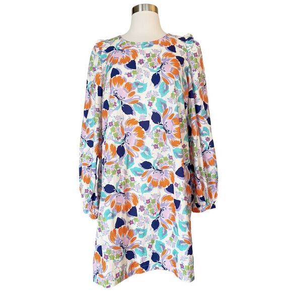 CECILIE COPENHAGEN Mirna Dress Mini Shift Ivory Blue Orange Floral Large NWT - Picture 2 of 11